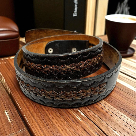 Handmade in Mexico Western Style Leather Belt Braided Brown Size 34 No Buckle - Picture 1 of 5